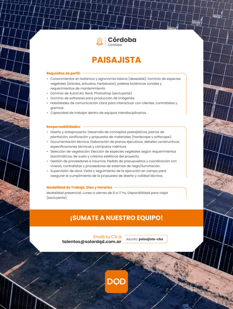 ¡Sumate a DQD! Buscamos Paisajista en Córdoba. Estamos en búsqueda de un/a Arquitecto/a o Licenciado/a en Planificación del Paisaje para…